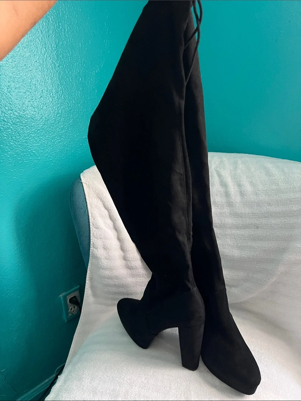 Shoe Dazzle Black Suede Over-the-Knee Heeled Boots with Tie Size 10
